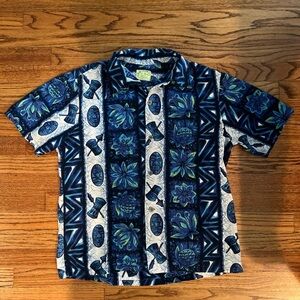 Vintage Men's Ui Maikai Hawaiian Shirt Tiki Masks Pineapples Floral Print Blue